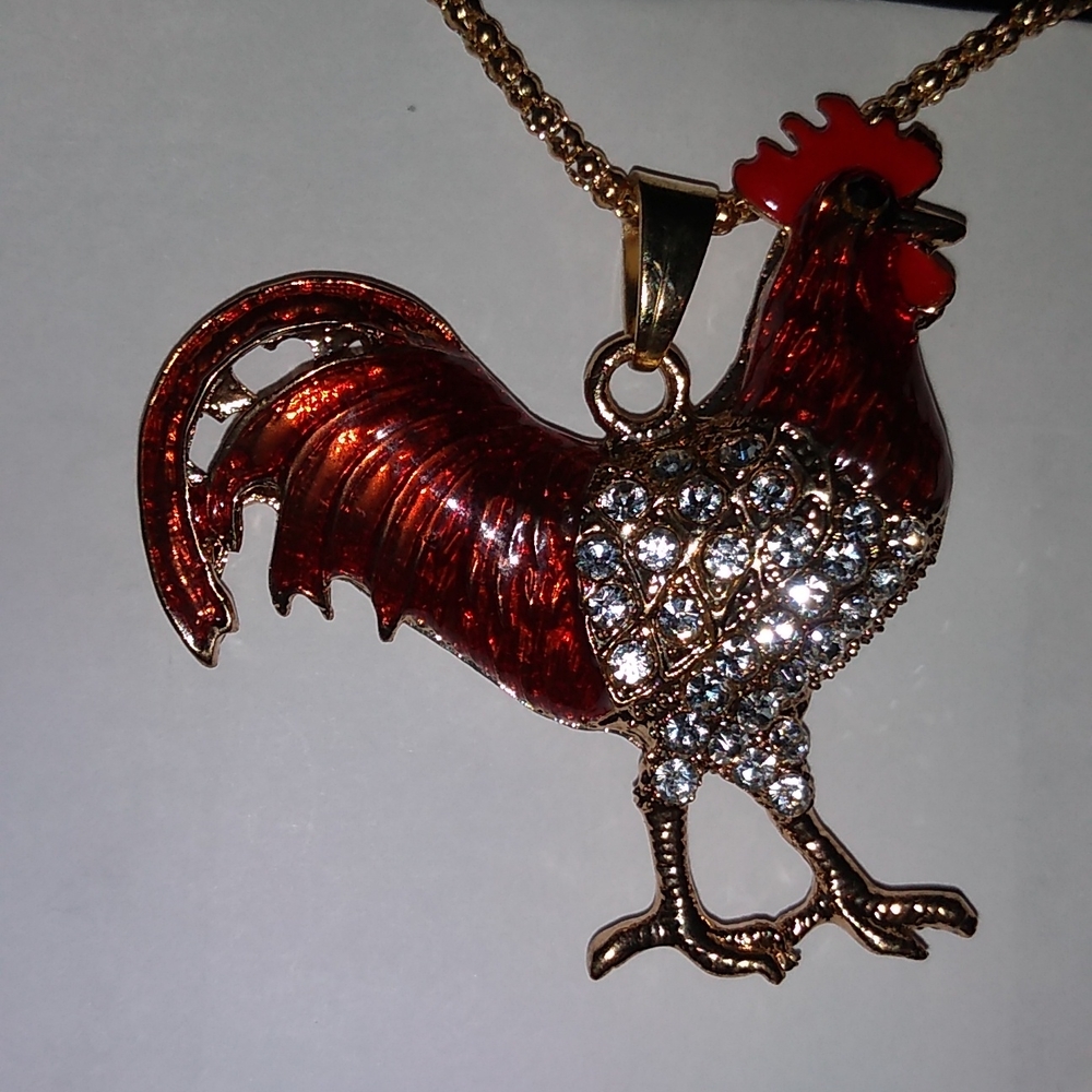 White Crystal and Red Enamel Rooster Pendant Necklace - Picture 6 of 7